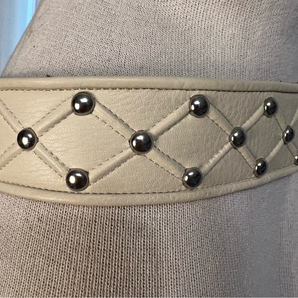 Vintage Calvin Klein Cream Faux Leather Diamond Embossed Silver Studded Belt, SM main image 6